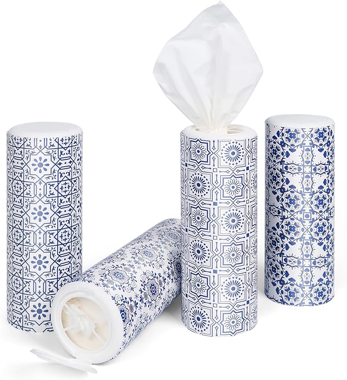 Car Tissue Holder,Facial Tissues Bulk,Travel Tissues, 4 Tubes Tissues with Lotion, Round Tissue Box for Car tissues Cylinder(200 Sheets,3-ply)