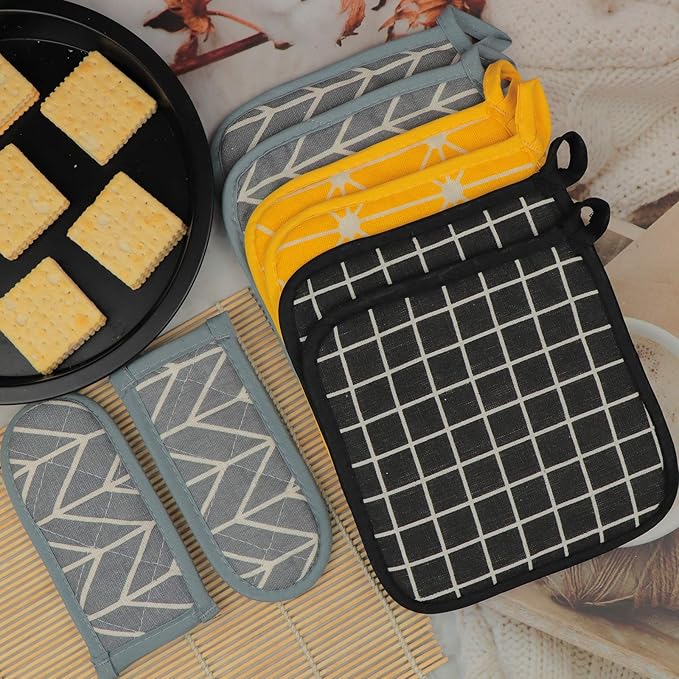 Win Change Heat Resistant Potholders Hot Pads-6 Kitchen Pot Holders Set with 2 Pan Hot Handle Holders Trivet for Cooking and Baking,with Recycled Infill Terrycloth Lining(Mixed,8 Piece)