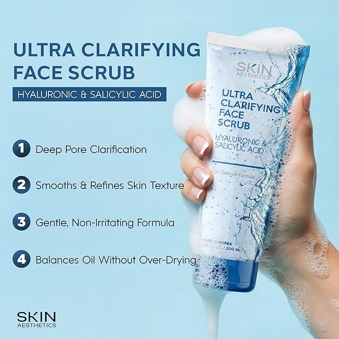 Skin Aesthetics Face Scrub with Hyaluronic & Salicylic Acid – Deep Cleansing, Hydrating & Gentle Exfoliating Face Wash For Acne-Prone Skin – Dermatologist Tested, Korean Skin Care – 6.76 Fl Oz