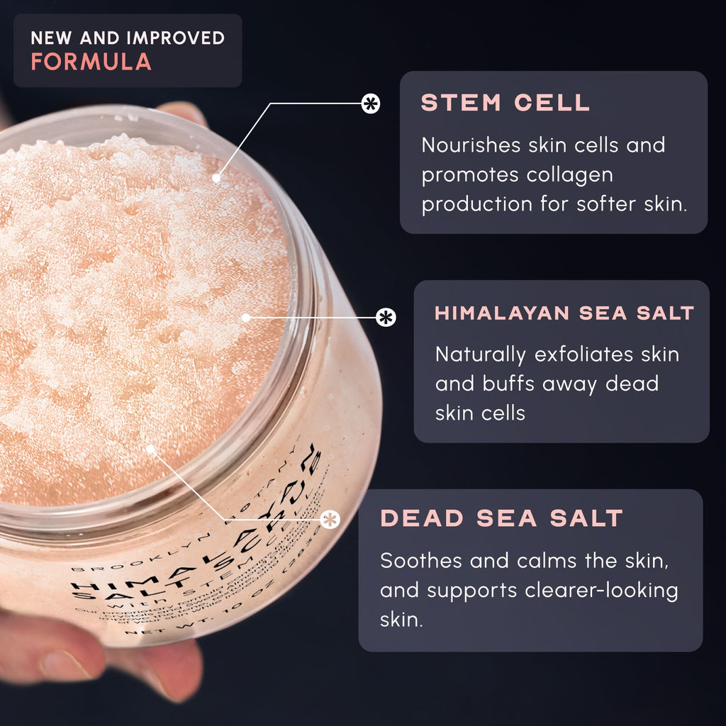 Brooklyn Botany Himalayan Salt & Stem Cell Body Scrub - Moisturizing and Exfoliating Body, Face, Hand, Foot Scrub - Fights Stretch Marks, Fine Lines, Wrinkles - Great Gifts for Women & Men - 10 oz
