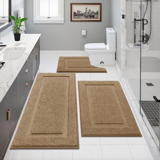 SHACOS Khaki Brown Bathroom Rugs Sets 3 Piece Bath Mat U Shaped Toilet Rug