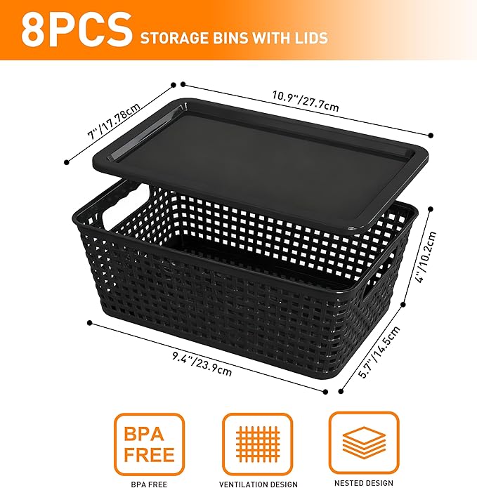 Anywish Plastic Storage Baskets With Lid, Storage Bins for Organizing, Stackable Decorative Containers for Shelves Drawers Desktop Closet Playroom Classroom Office, 8 Pack-Black