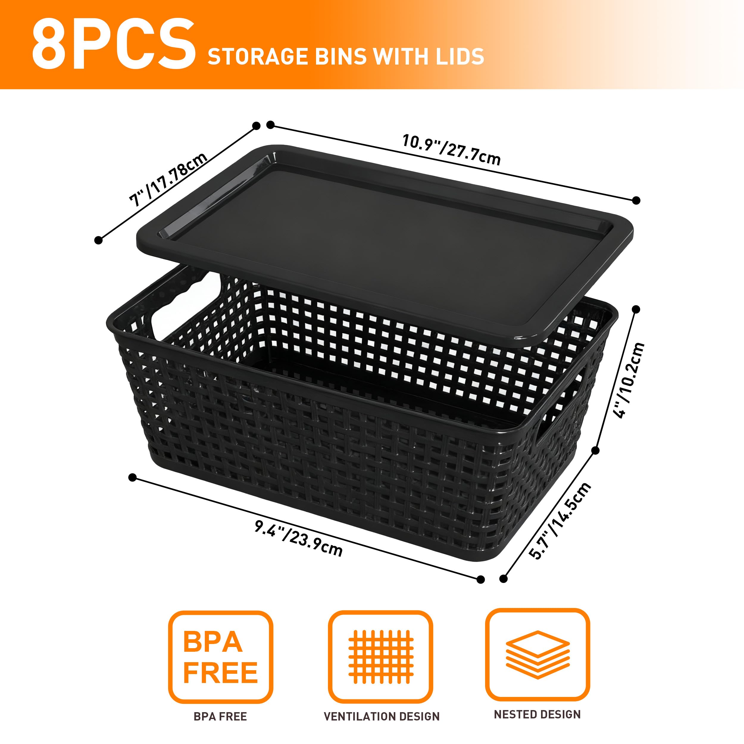Anywish Plastic Storage Baskets With Lid, Storage Bins for Organizing, Stackable Decorative Containers for Shelves Drawers Desktop Closet Playroom Classroom Office, 8 Pack-Black