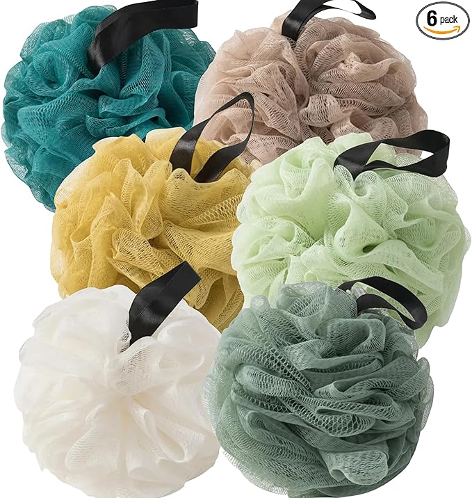 Loofah Sponges for Shower,Exfoliating Nature Plus 6 Pack Bath Sponges - Dark Green, Peacock Green, Light Green, Yellow, Khaki & Beige