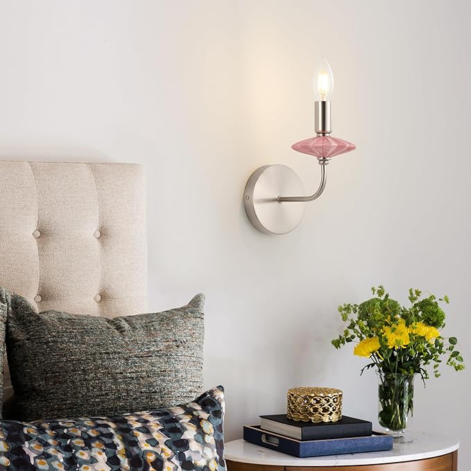 Modern Retro Wall sconces Set of Two with Pink Ceramic Flower Decoration,Brushed Nickel Wall Lights, Hardwired Vintage Vanity Light for Bathroom, Living Room, Bedroom, and hallways.