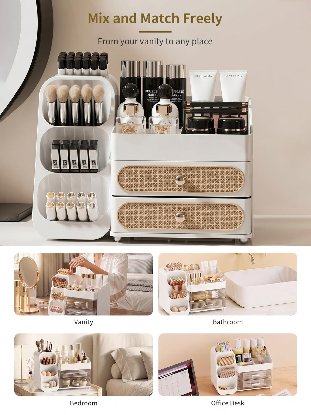 Booklov Large Makeup Organizer for Vanity Countertop, White