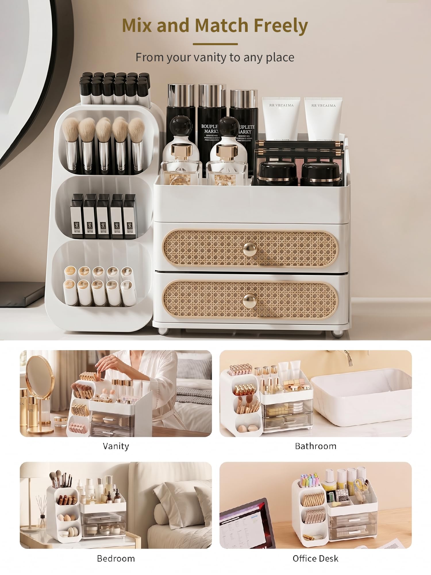 Booklov Large Makeup Organizer for Vanity Countertop, White