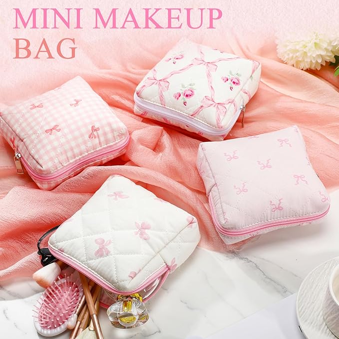 Paterr 4 Pcs Mini Quilted Floral Makeup Bag Pink Bow Cosmetic Bag Small Coquette Quilted Pouch with Zipper Cute Kawaii Cotton Travel Toiletry Bags for Girls Back to School Teacher Students Gifts