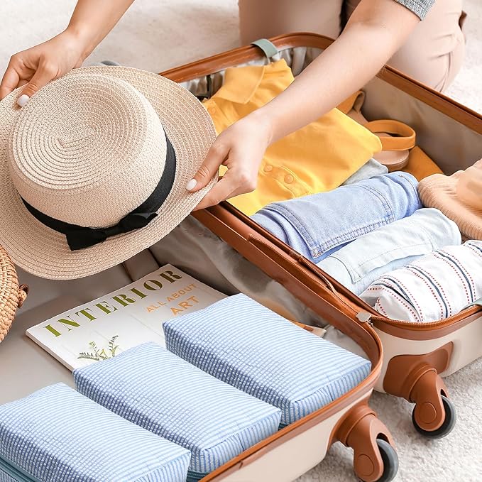 Sanwuta 12 Pcs Seersucker Cosmetic Bags Bulk Seersucker Makeup Bags Stripe Women Pouch Large Preppy Storage Pouch Toiletry Travel for Wedding Bridesmaid Bride Favor Back to Teacher Gift (Light Blue)