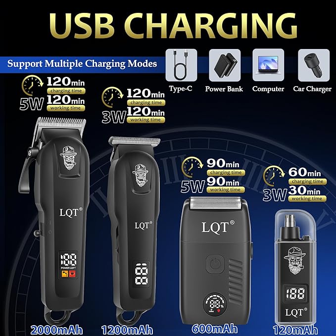 Hair Clippers for Men, 4-Piece Professional Grooming Kit Includes Hair Clipper, LED Power Display,Detail Trimmer and Nose Trimmer, Complete Cordless Set for Home Barber Use (Black)