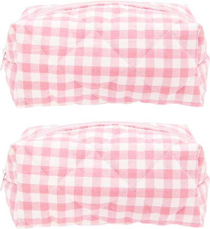 Cozy Makeup Bag for Women,Zipper Cosmetic Pouch,Checkered Pink,2 Pack