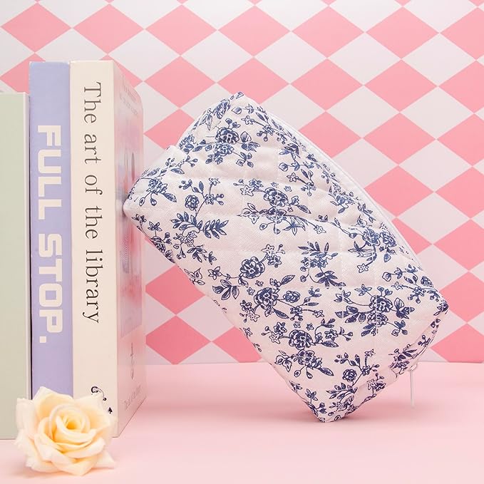PAZIMIIK Small Quilted Makeup Bag,Zipper Cosmetic Pouch,Jouy Blue