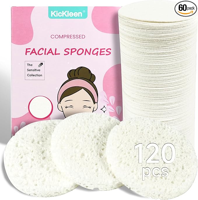 120-Count Compressed Facial Sponges|Kickleen100% Natural Cellulose Cosmetic Spa Sponges for Daily Facial Cleansing|Makeup And Mask Removal|Exfoliating|Skin Massage|Pore Exfoliation (120 Count (White))