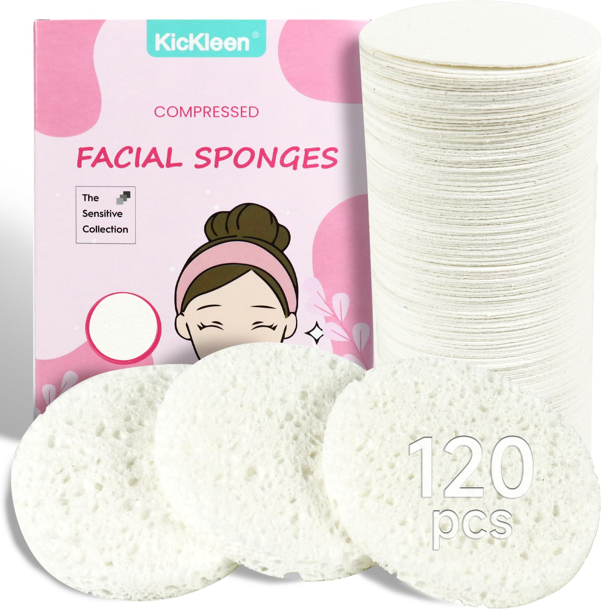 Kickleen 120-Count White Compressed Facial sponges for Daily Cleaning