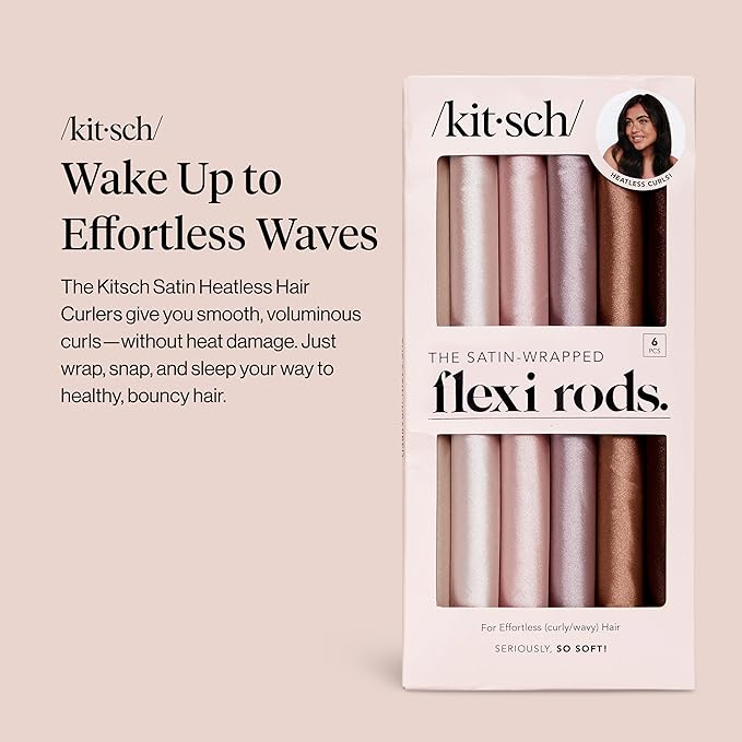 Kitsch Satin Flexi Rods, Heatless Curling Rods - No Heat Curls Overnight, Comfortable Hair Curlers to Sleep In for Frizz-Free and No Heat Damage Styling - 6pcs, Rosewood