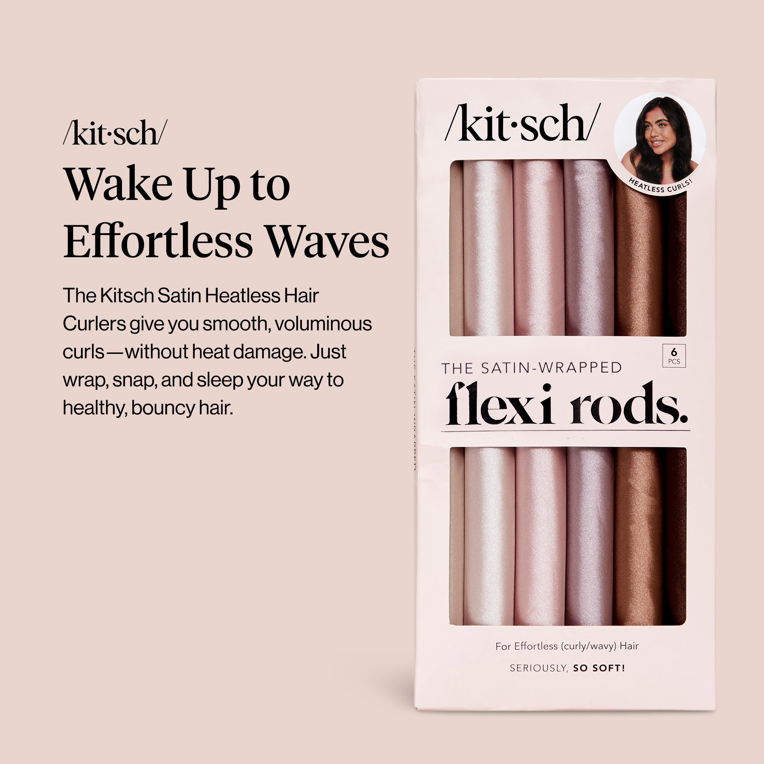Kitsch Satin Flexi Rods, Heatless Curling Rods - No Heat Curls Overnight, Comfortable Hair Curlers to Sleep In for Frizz-Free and No Heat Damage Styling - 6pcs, Rosewood