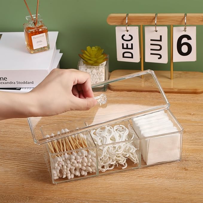 Sohalejr Qtip Holder Transparent 3 Compartments Cotton Ball and Swab Holder Organizer with Lid,Jar for Cotton Rounds,Bathroom Containers,Clear Acrylic Desk Organizer for Makeup Pads,Cosmetics Bedroom