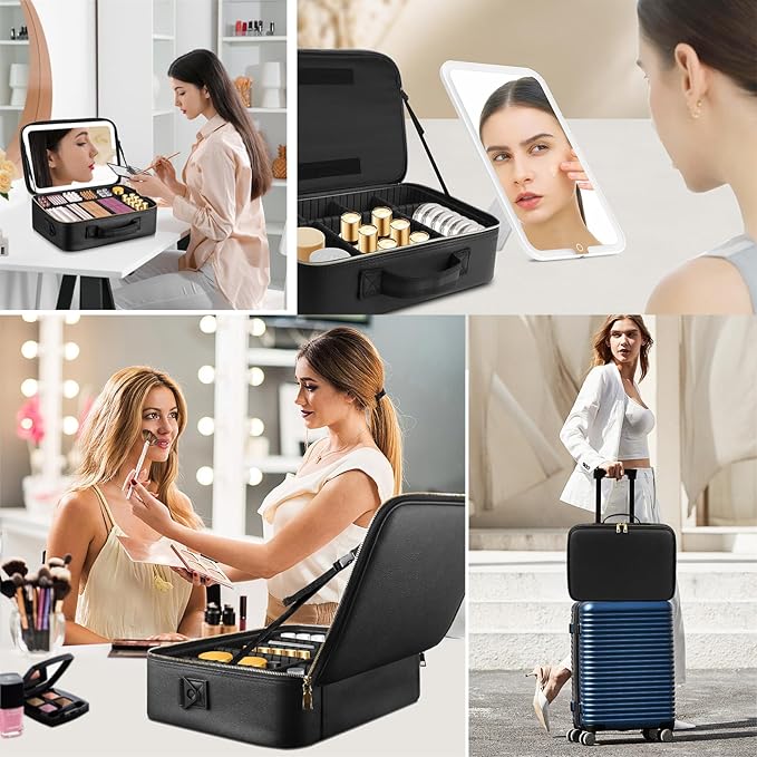 15''X11'' Large Makeup Bag with Removable Lighted Mirror, PU Leather