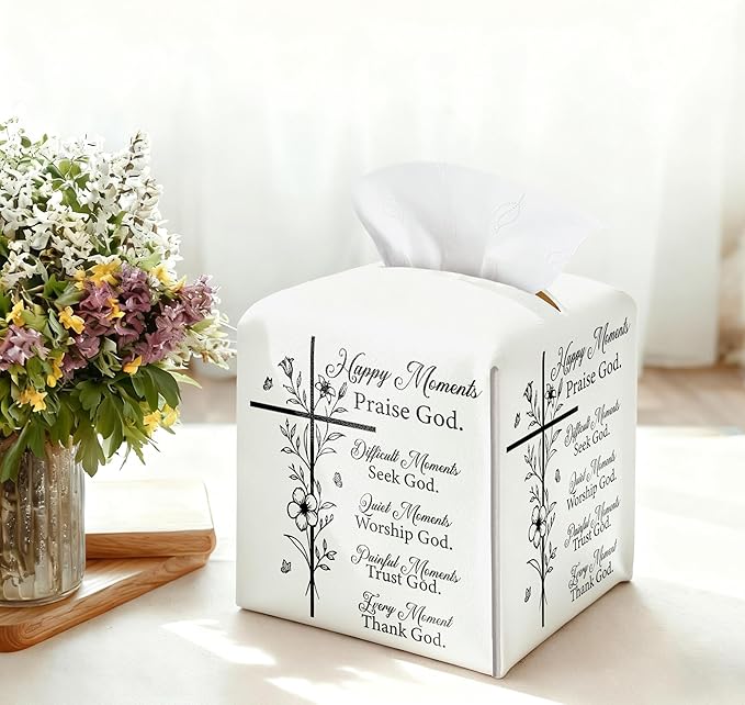 Christian Bible Verses Tissue Box Cover Square, Inspirational Quotes Waterproof Leather Tissue Box Holder, Cross Paper Facial Tissue Box Covers Cube for Office Bathroom Home Prayer Room Decor