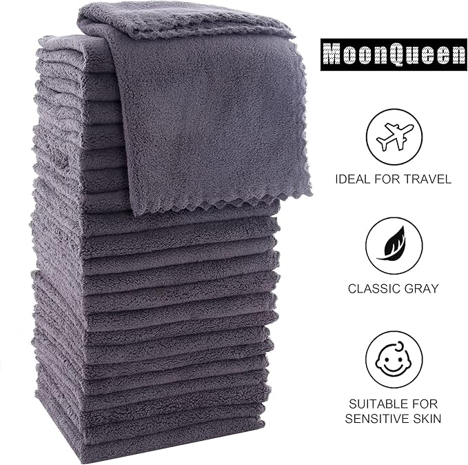 MOONQUEEN Ultra Soft Premium Washcloths Set - 12 x 12 inches - 72 Pack - Quick Drying - Highly Absorbent Coral Velvet Bathroom Wash Clothes (Grey)