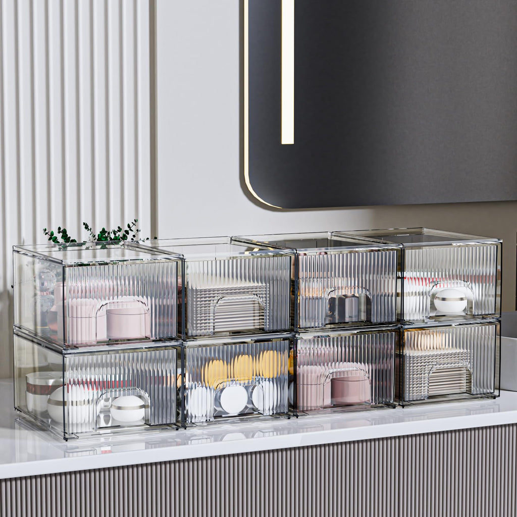 ZHIAI 8 Pack Clear Stackable Storage Drawer, Acrylic Drawer, Cosmetic Organizer, Plastic Organizer for Dresser, Under, Kitchen Cabinet, Pantry, Home Organization and Storage