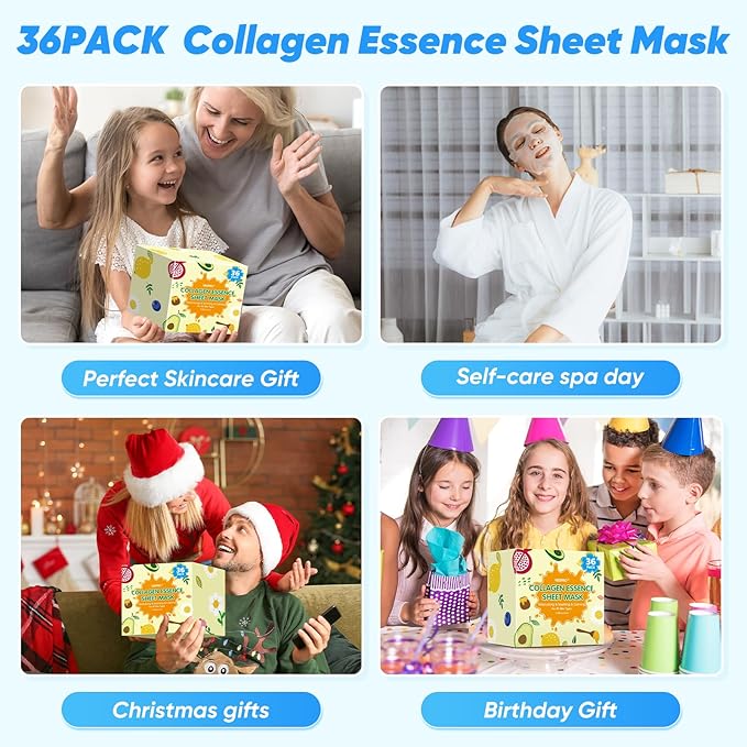 36 Pack Skincare Facial Masks, Hydrating & Moisturizing Face Masks for All Skin Types, Bulk Sheet Face Mask for Women, Spa Party Favors, Skincare Set for TeenGirls, Skincare Gift for Mom, Teacher Gift