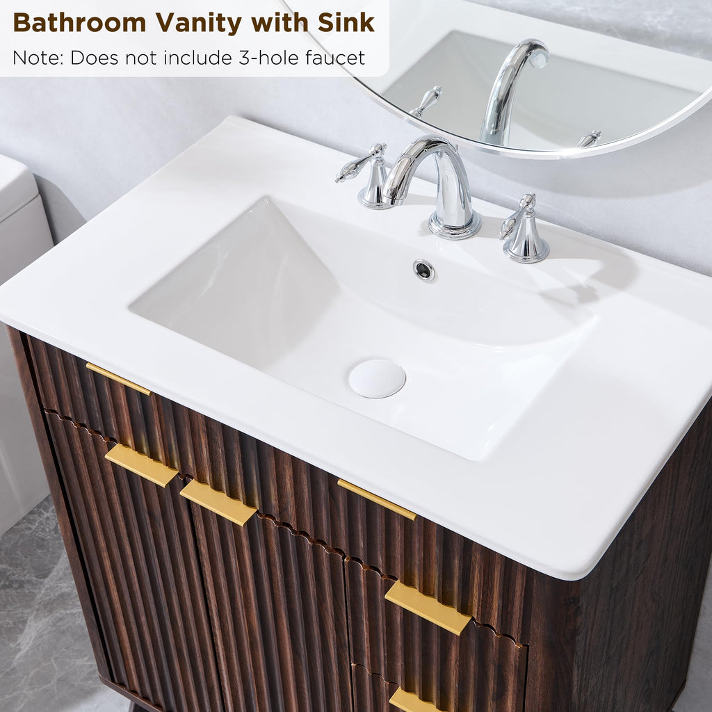 T4TREAM 30" Fluted Bathroom Vanity with Ceramic Sink Combo, Dark Walnut