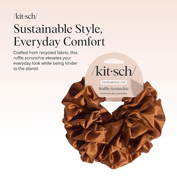 Kitsch Recycled Satin Ruffle Scrunchie – Gentle Hair Scrunchie for Women, Eco-Friendly Hair Tie No Damage, Stylish Ponytail Holder - Camel