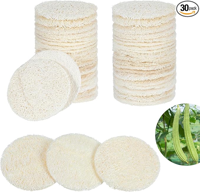30 Pcs 2.17 Inch Natural Loofah Sponge Pads for Washing Face, Exfoliating Body Facial Scrub Pads for Makeup & Dead Skin Removal Cleansing Skin for Women and Men(One Side softened)