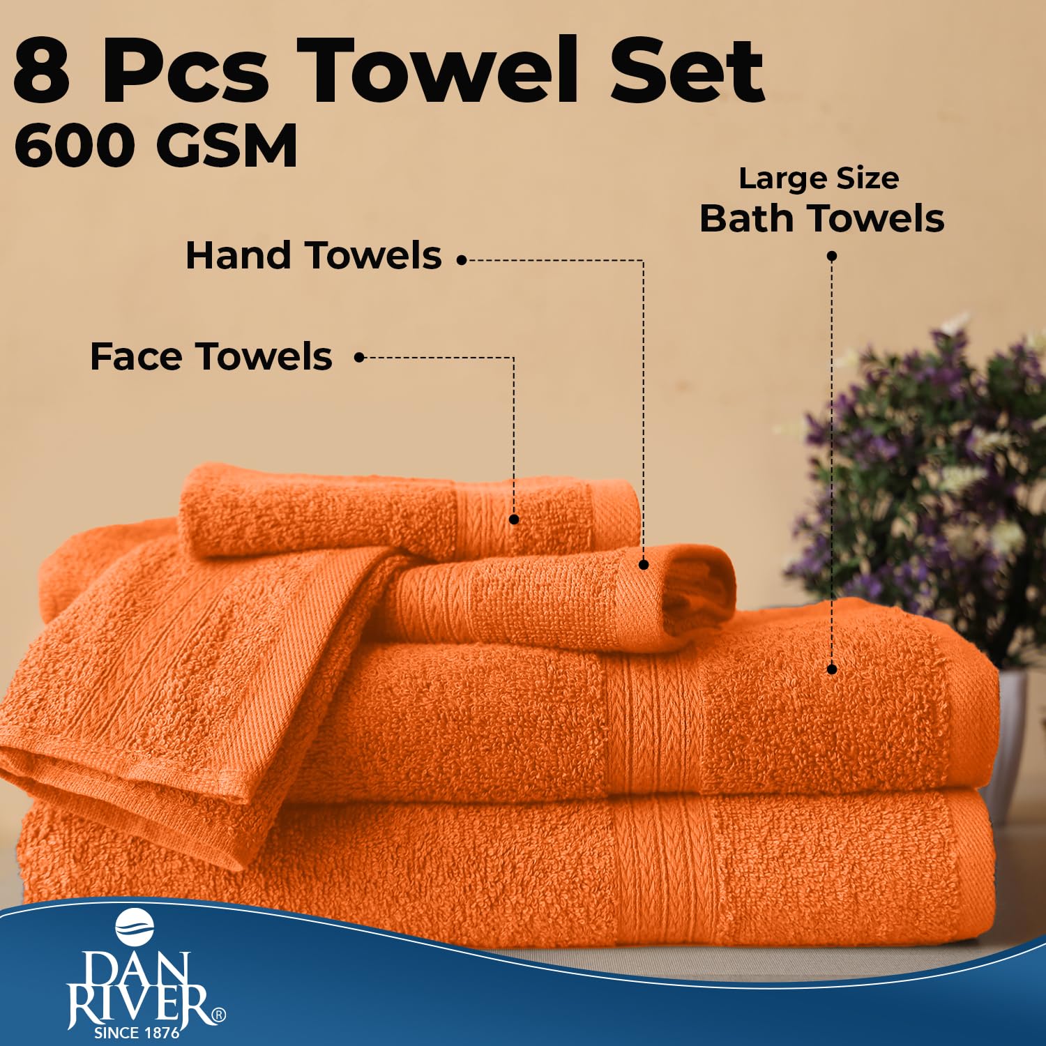DAN RIVER 8 Piece Luxury Bath Towels for Bathroom, Towel Set, Orange