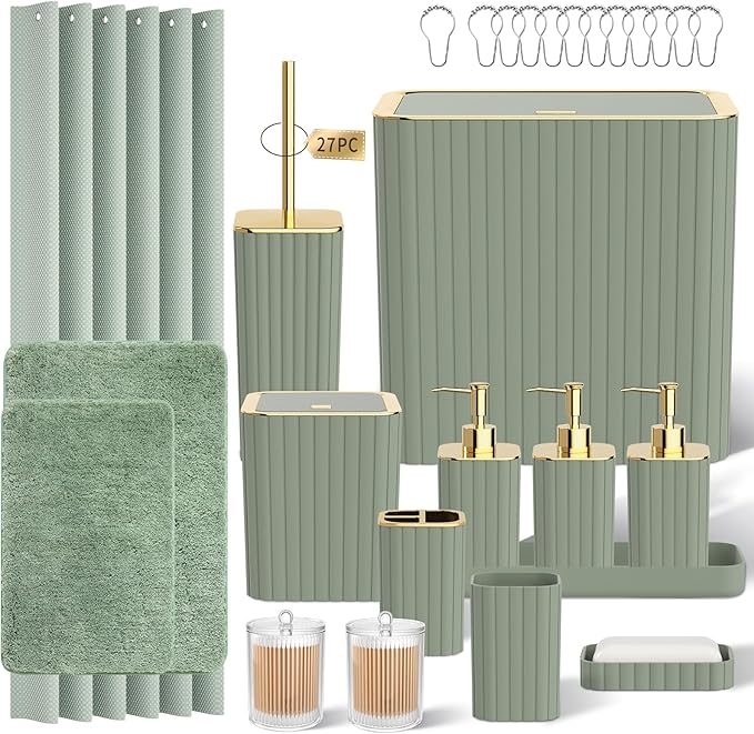 InnJoey Bathroom Set - Bathroom Sets with Shower Curtain and Rugs, Sage Green Bathroom Set, 27PC Bathroom Accessories Set, Mini Trash Can, Toilet Brush, Trash Can & Soap Dispenser