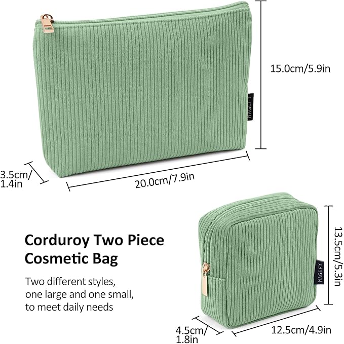 MAGEFY Small Makeup Bag, 2 Pcs Corduroy Makeup Bag for Purse Make Up Organizer Bag Mini Pouch with Slip-in Pockets Aesthetic Preppy Stuff - Green