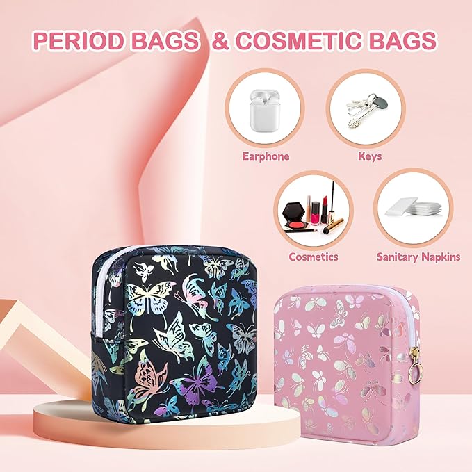 Likesing Period Bag Pouch, Leather Sanitary Napkin Storage Bag for Girls Womens, Portable Sanitary Napkin Period Pad Pouch Bag for Purse (Black-Dancing Butterfly)