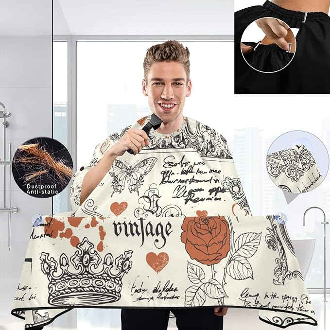 visesunny Barber Cape Vintage Style Red Rose And Art Object Polyester Hair Cutting Salon Cape Apron Anti-Static Haircut Water-Resistant Shaving Cloth Beard Shaving Bib Hairdressing Cape