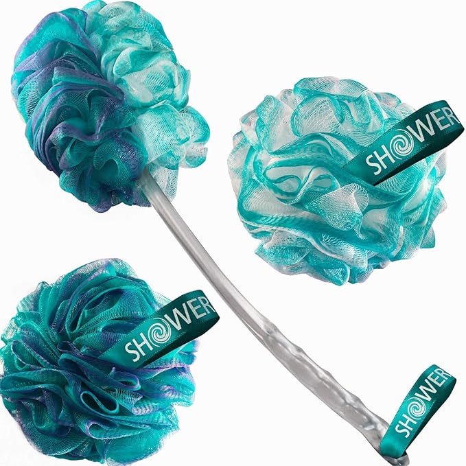SHOWER BOUQUET 2-Sided Back-Loofah-with-Handle & 2 Bath Sponge Puff Set