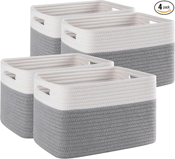 SIXDOVE 4 Pack Storage Baskets for Organizing, Woven Baskets for Shelves - Perfect for Toys, Books, Towels, and Clothes, Durable Gift Basket Bins Toy Storage, 12.7''L x9''W x7.8''H, Grey and White