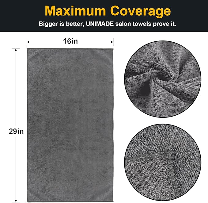 UNIMADE Salon Towels 24 Pack, Super Soft Microfiber Gym Towels, Highly Absorbent Hair-Drying Cloth for Gym, Bath, Spa Use and Home Beauty Care - Grey (16x29 inch)