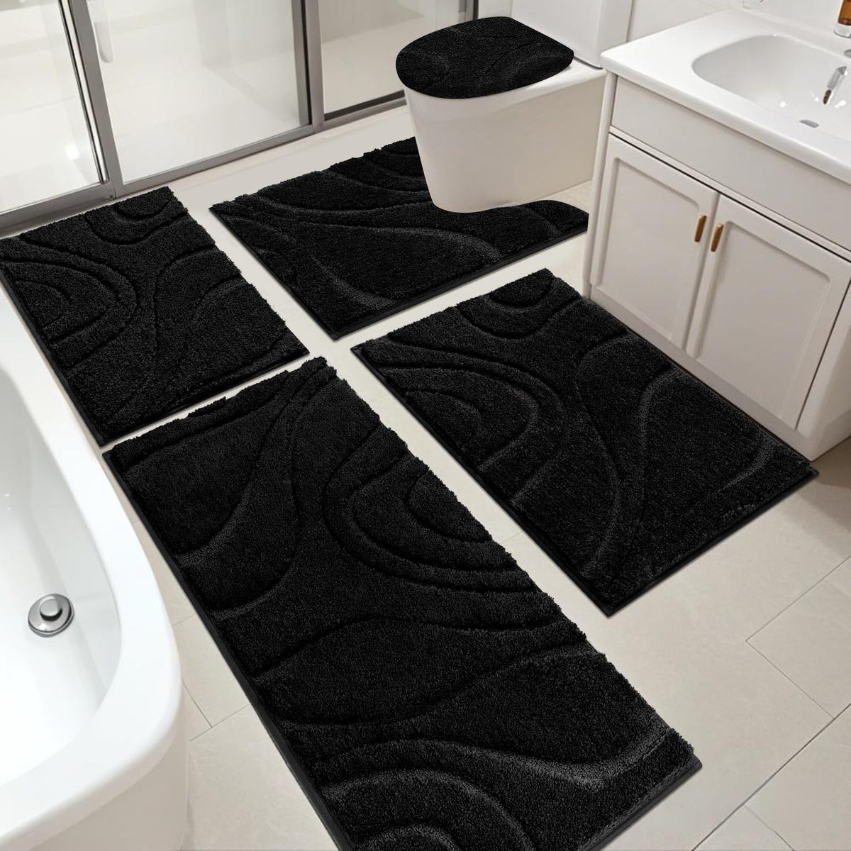 HEBE Bathroom Rugs Sets 5 Piece, Non Slip Washable Absorbent Bath Mat Set