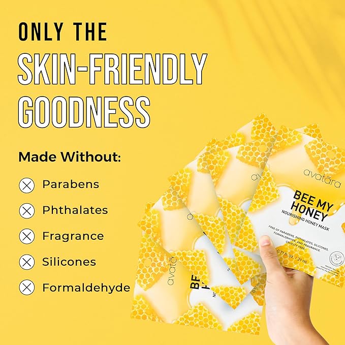 Avatara Bee My Honey Facial Mask 5 Sheets, Hydrating Sheet Masks with Honey and Sugar Cane Extract, Face Mask Skincare Beauty Essential for Moisturizing Skin, Minimize Pores, All Skin Types, 5 Pack