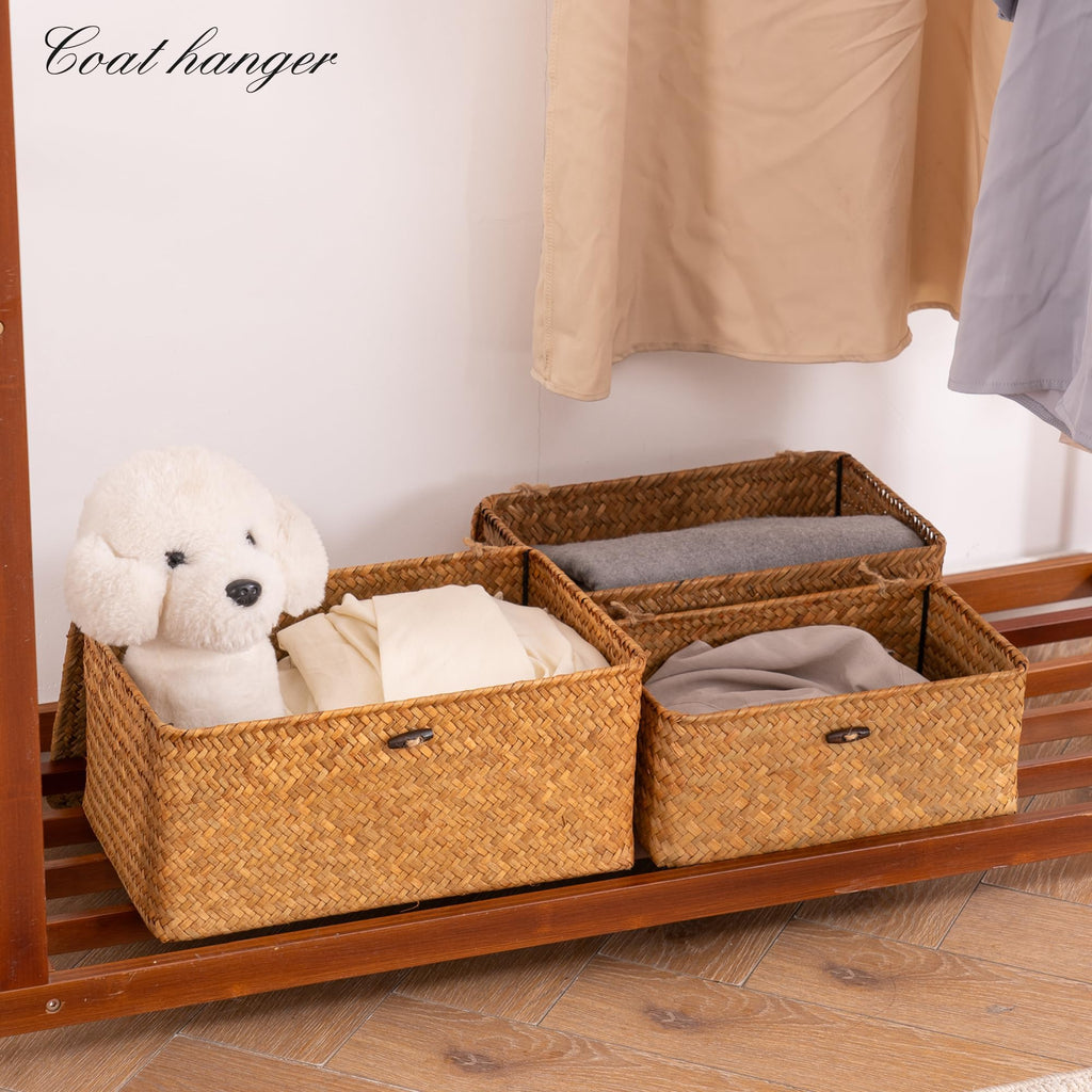 Nonam Storage Basket with Lid, Natural Seagrass Bin with Lid Set of 3, Shelf Baskets Multipurpose Container for Boho Decoration, Rectangular Household Storage Boxes for Home Organization-Natural
