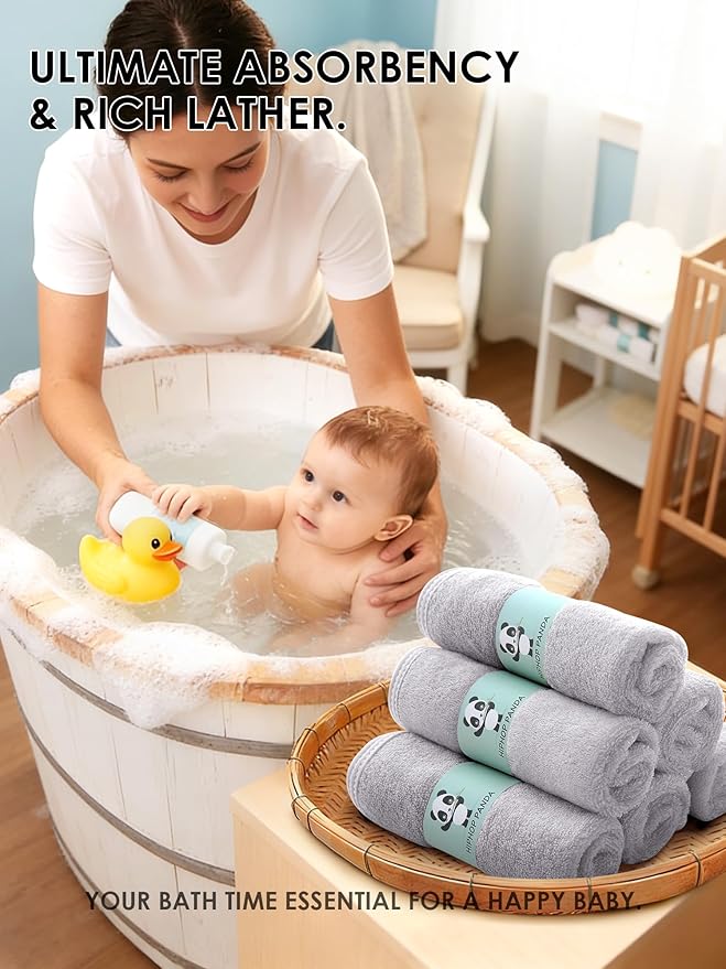 HIPHOP PANDA Baby Washcloths, Rayon Made from Bamboo - 2 Layer Ultra Soft Absorbent Newborn Bath Face Towel - Reusable Baby Wipes for Delicate Skin - Grey, 6 Pack