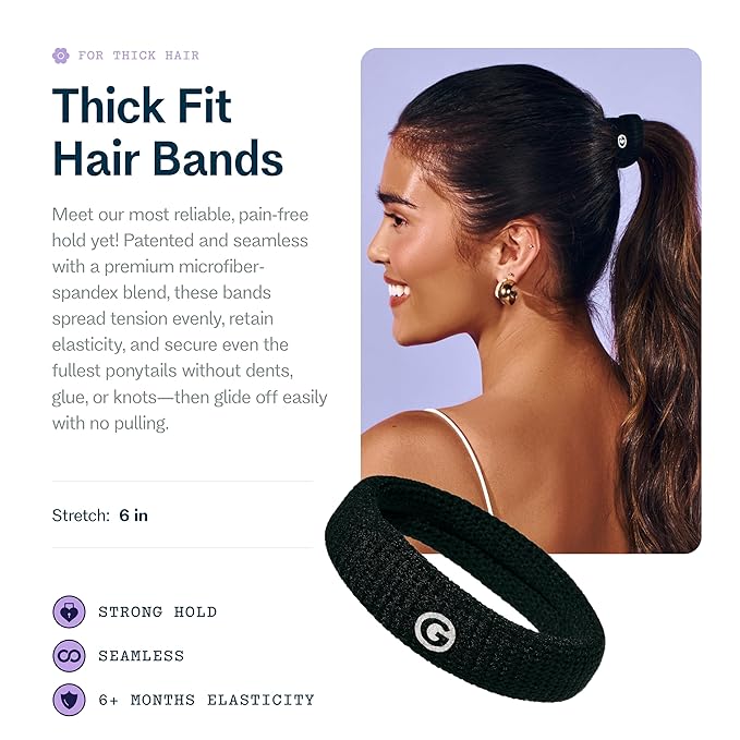 Gimme Beauty Thick Hair Extra Stretch Bands - Patent-Pending Design for Maximum Hold - Premium Ties for Thick & Curly Hair - Sleek & Strong Hold - Black, 6 Pack