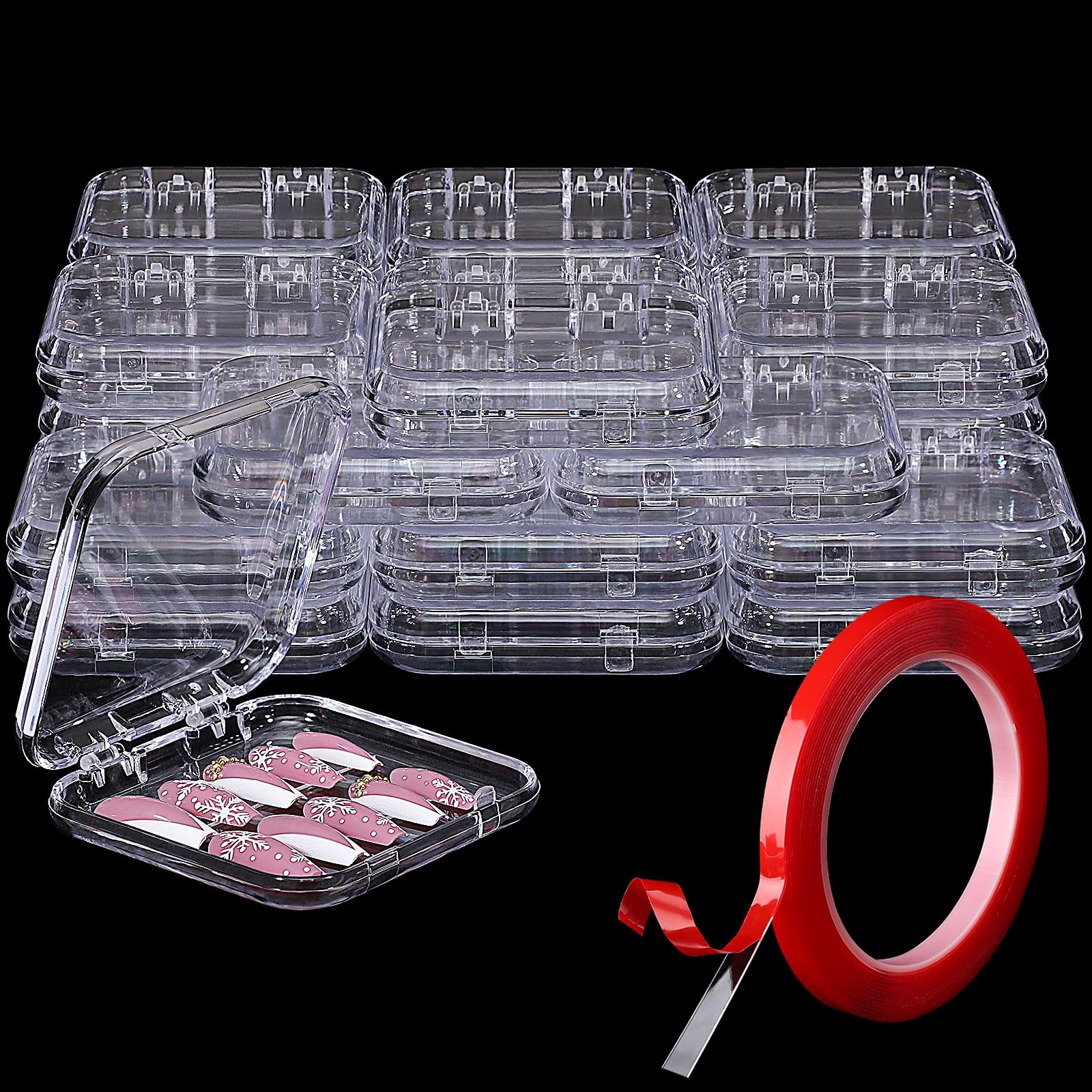 27PCS Press on Nail Boxes with 5M Nail Tape, Acrylic Fake Nail Storage Case
