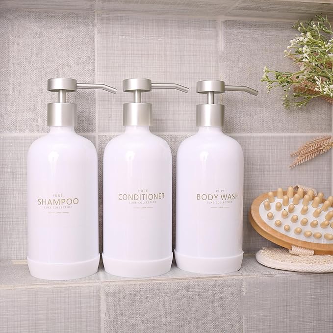 Janxin Shampoo and Conditioner Dispenser Set of 3,Refillable 21oz Shampoo Bottles with Non-Slip Protective Silicone Pad,Shower Soap Dispenser with Waterproof Labels for Bathroom (White)