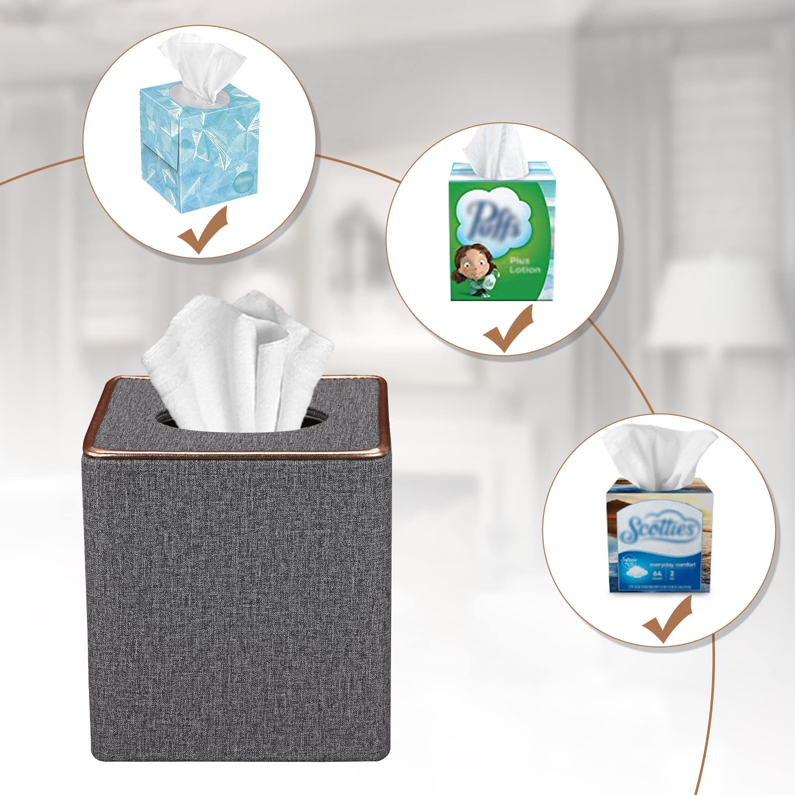 Tissue Box Cover, PU Leather Tissue Box Holder Square Box Covers for Home/Office/Car Decoration 5.3"X5.3"X5.8" - Grey