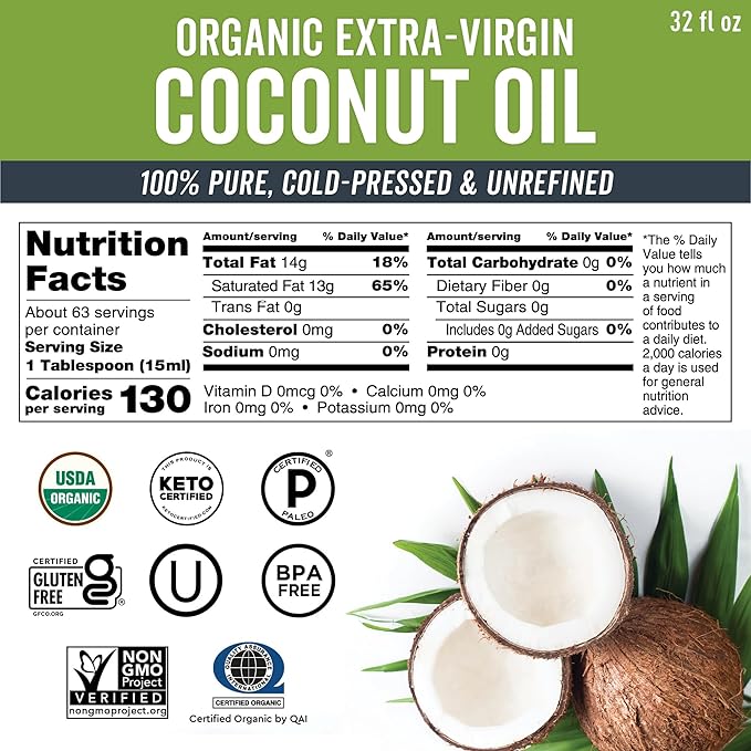 Viva Naturals Organic Coconut Oil - Unrefined and Cold-Pressed, Natural Hair Oil, Skin Oil and Cooking Oil with Fresh Flavor, Non-GMO Extra Virgin Coconut Oil (Aceite de Coco), USDA Organic, 32 Fl Oz (Pack of 1)