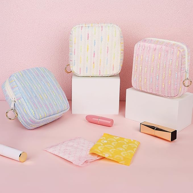 Period Bag for Teen Girls, Colorful Lines Sanitary Napkin Storage Bag, Menstrual Pad Pouches Tampon Holder for Purse (Pink)