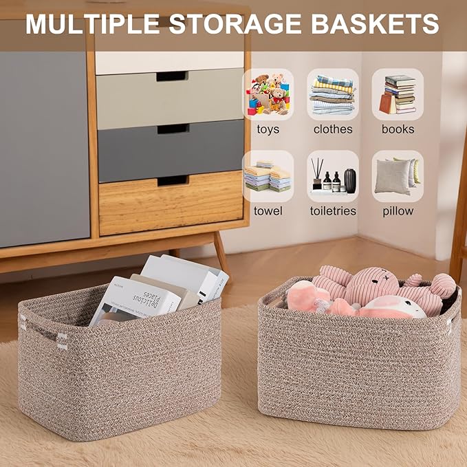 Storage Baskets for Organizing, Woven Decorative Baskets for Shelves - Books, Towels, and Clothes, Cotton Rope Toy Storage Bins, 12.7''Lx9''Wx7.8''H, Pack of 4, Linen Brown