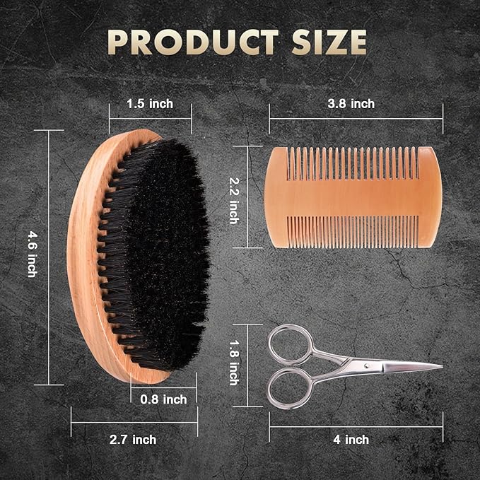 DEBETOOL Boar Bristle Beard Brush for Men - Wooden Beard Brush and Comb Set with Beard Scissors, Pocket Travel Men's Wooden Mustache Brush for Beard Care