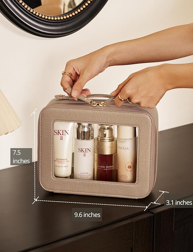 Popvibe Clear Makeup Bag Travel Cosmetic Case Transparent Toiletry Bag with Zipper, Portable Make Up Organizer Traveling Compact Car Bag for Essentials, Gold, Large